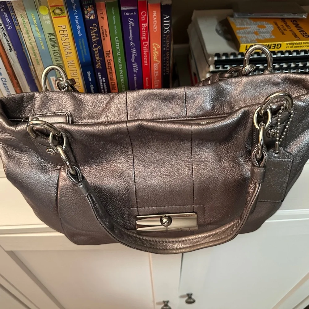 COACH Metallic Silver Leather Tote Bag with Chain Detail